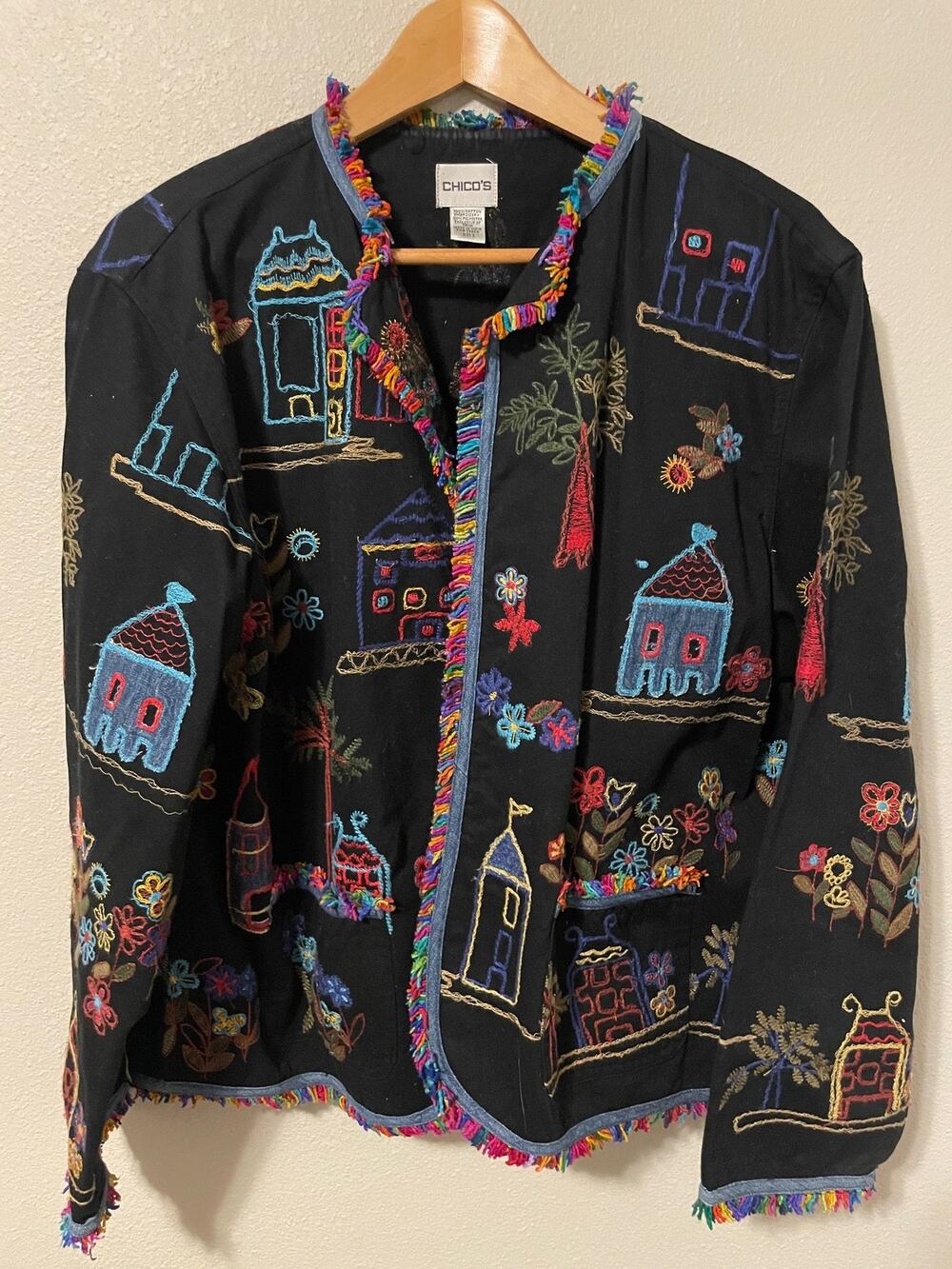 Chicos Jacket Womens 3 US XL Multicolor Embroidered Fringe Floral Village Artsy